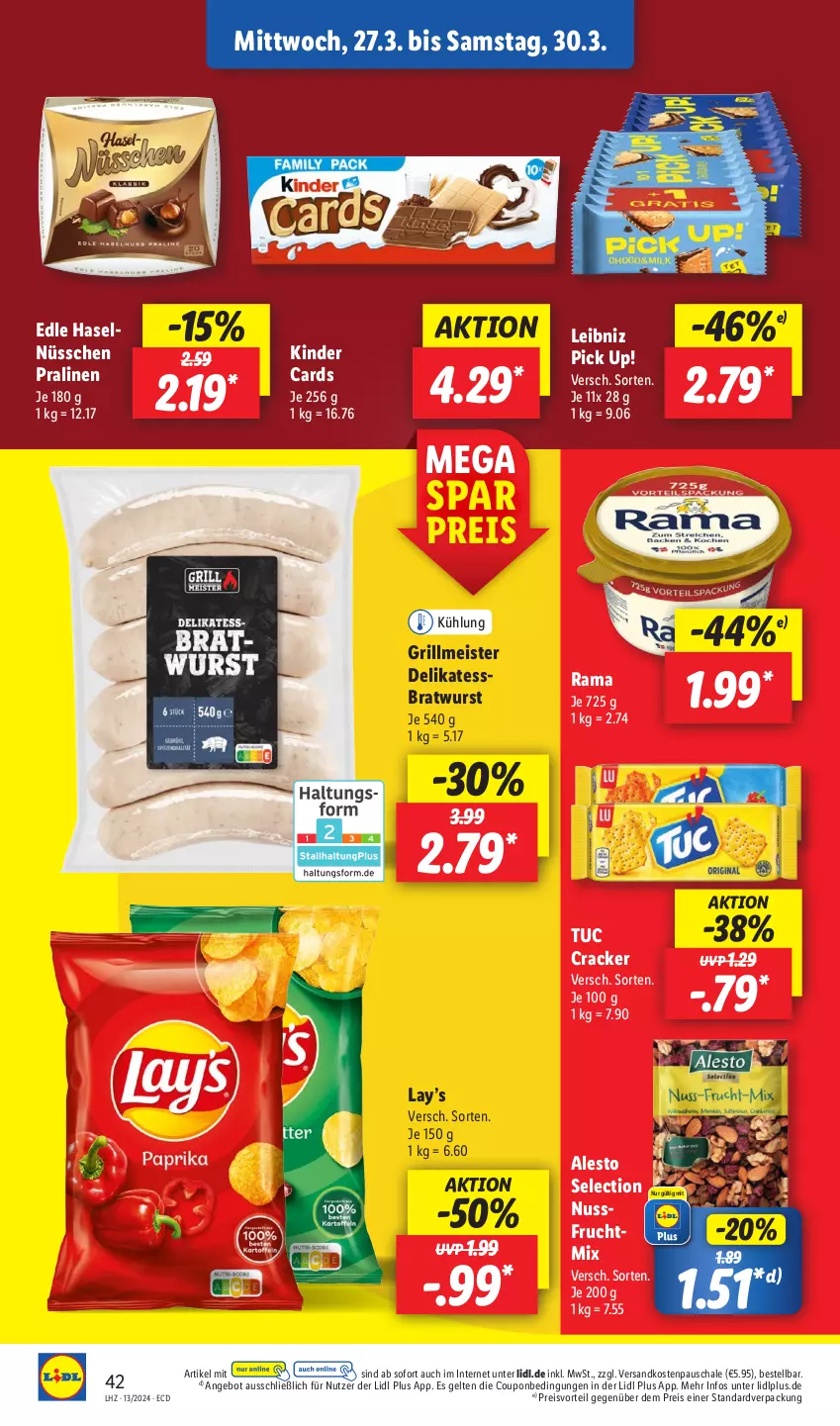 Aktueller Prospekt Lidl - Aktionsprospekt - von 25.03 bis 30.03.2024 - strona 52 - produkty: alesto, angebot, bratwurst, coupon, cracker, eis, frucht, grill, Kinder, leibniz, Meister, ndk, nuss, Pick Up!, pralinen, preisvorteil, rama, reis, Schal, Schale, Ti, tuc, wurst