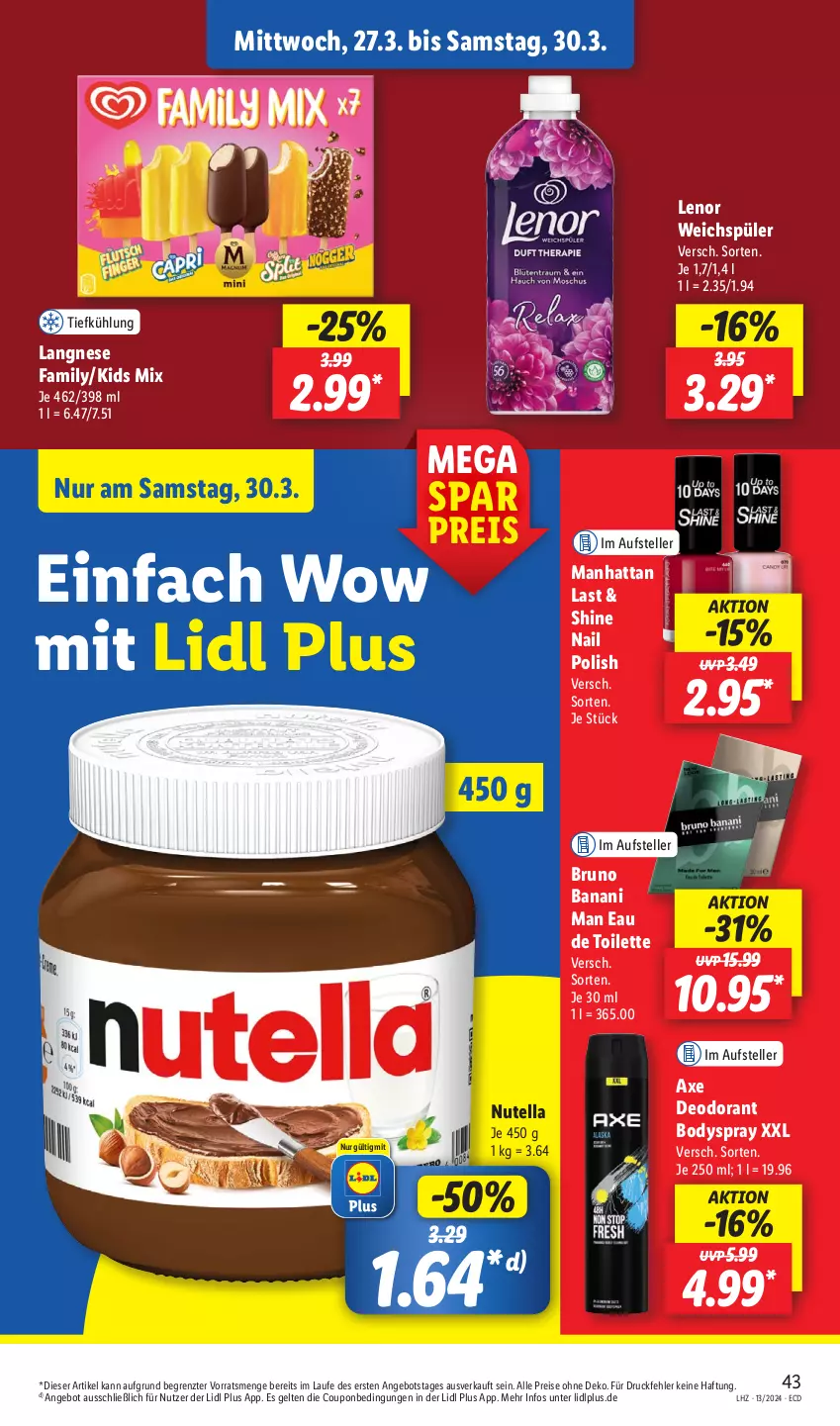 Aktueller Prospekt Lidl - Aktionsprospekt - von 25.03 bis 30.03.2024 - strona 53 - produkty: angebot, axe, body, bodyspray, bruno banani, coupon, deo, deodorant, eau de toilette, eis, elle, langnese, lenor, lenor weichspüler, nutella, reis, teller, Ti, weichspüler, ZTE