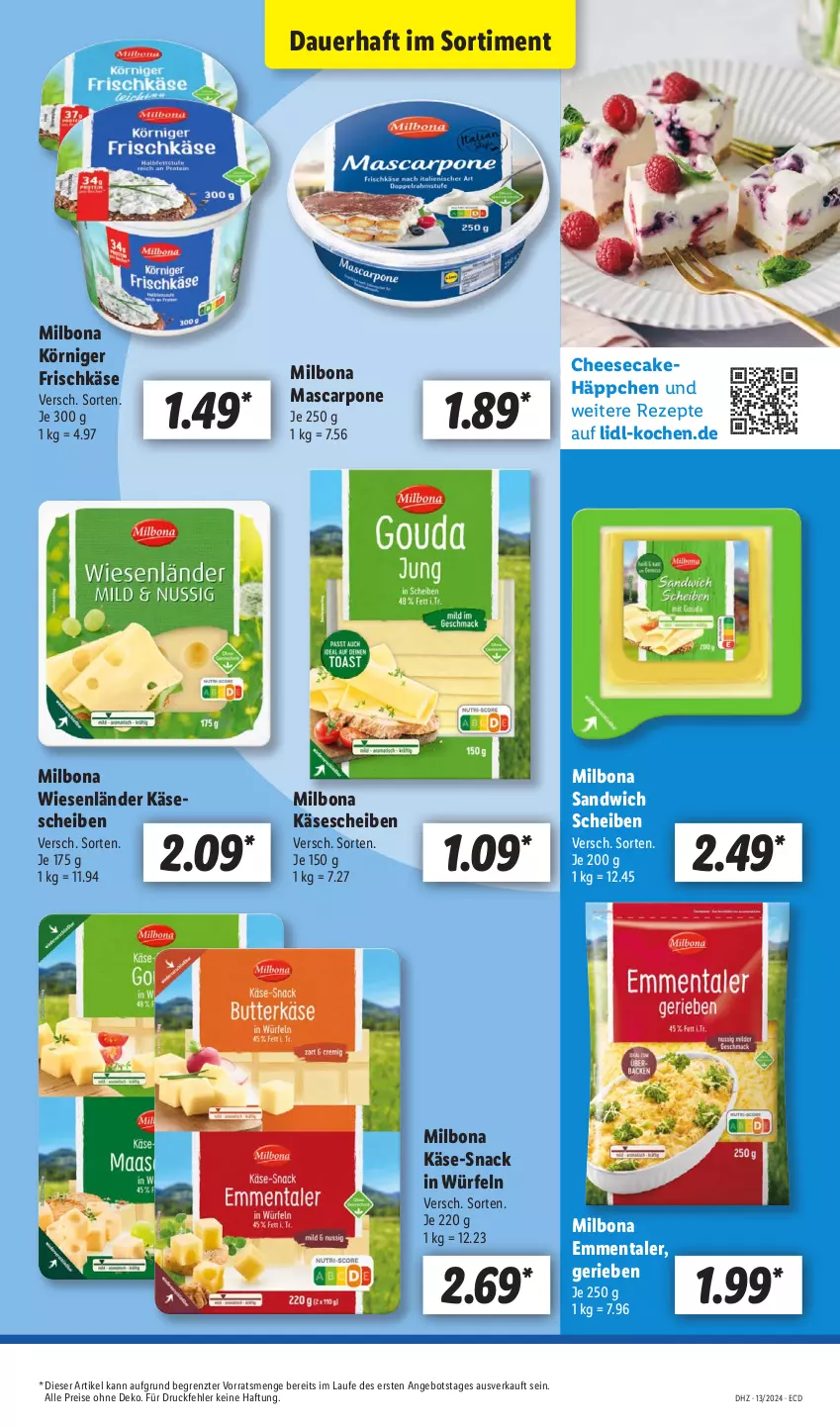 Aktueller Prospekt Lidl - Aktionsprospekt - von 25.03 bis 30.03.2024 - strona 57 - produkty: angebot, auer, Bona, cheesecake, eis, emmentaler, frischkäse, Käse, käsescheiben, Körniger Frischkäse, mascarpone, Milbona, reis, rezept, rezepte, sandwich, snack, Ti, würfel, ZTE