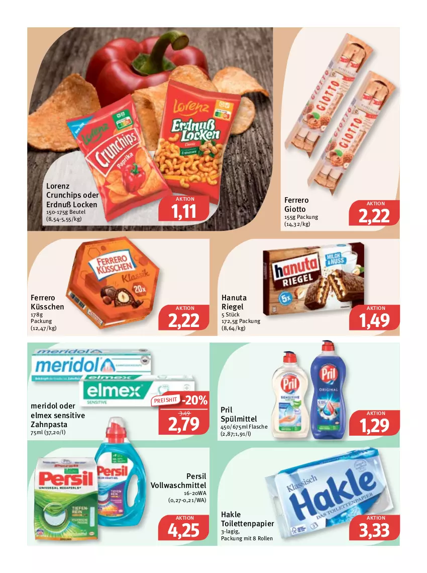 Aktueller Prospekt Feneberg - Prospekte - von 23.03 bis 25.03.2023 - strona 11 - produkty: beutel, chips, crunchips, eis, elmex, ferrero, Ferrero Küsschen, flasche, giotto, hakle, hakle toilettenpapier, hanuta, lorenz, lorenz crunchips, meridol, papier, pasta, persil, pril, reis, riegel, spülmittel, Ti, toilettenpapier, vollwaschmittel, waschmittel, zahnpasta