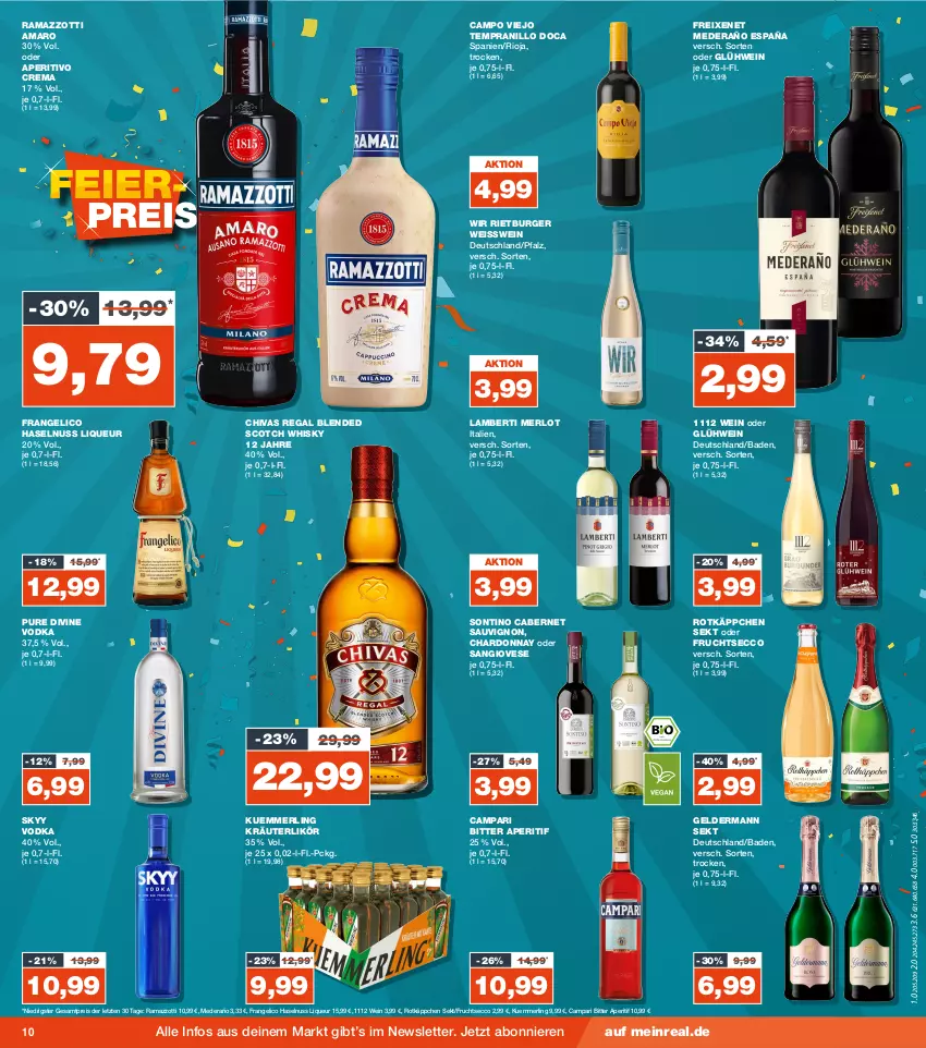 Aktueller Prospekt Real - von 23.10 bis 28.10.2023 - strona 10 - produkty: amaro, Amber, aperitif, Bad, blended scotch, blended scotch whisky, burger, cabernet, cabernet sauvignon, campari, campo viejo, chardonnay, ecco, eis, frangelico, freixenet, frucht, fruchtsecco, geldermann, Glühwein, haselnuss, kräuter, kräuterlikör, kuemmerling, likör, liqueur, merl, merlot, nuss, rama, ramazzott, ramazzotti, regal, reis, rioja, rotkäppchen, sauvignon, scotch, scotch whisky, sekt, skyy, Skyy Vodka, tempranillo, Ti, vodka, wein, whisky, zott, ZTE