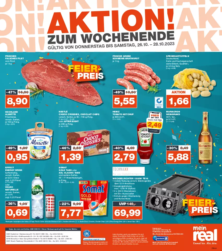 Aktueller Prospekt Real - von 23.10 bis 28.10.2023 - strona 16 - produkty: after eight, almette, bosch, bratwurst, chips, choclait chips, choco crossies, coupon, coupons, crossies, drink, drucker, Effect, eis, Elektro, elektrogeräte, elle, energy drink, Engel, ente, Falsches Filet, filet, frischkäse, heinz, hochland, kartoffel, kartoffeln, Käse, kerze, ketchup, LG, mariacron, Mett, Narzissen, natur, nestlé, payback, reis, rel, Ria, rind, rwe, Schal, schwein, schweine, somat, speisekartoffeln, steckdose, Ti, tomato ketchup, uhr, volvic, wein, weinbrand, weine, wurst, ZTE