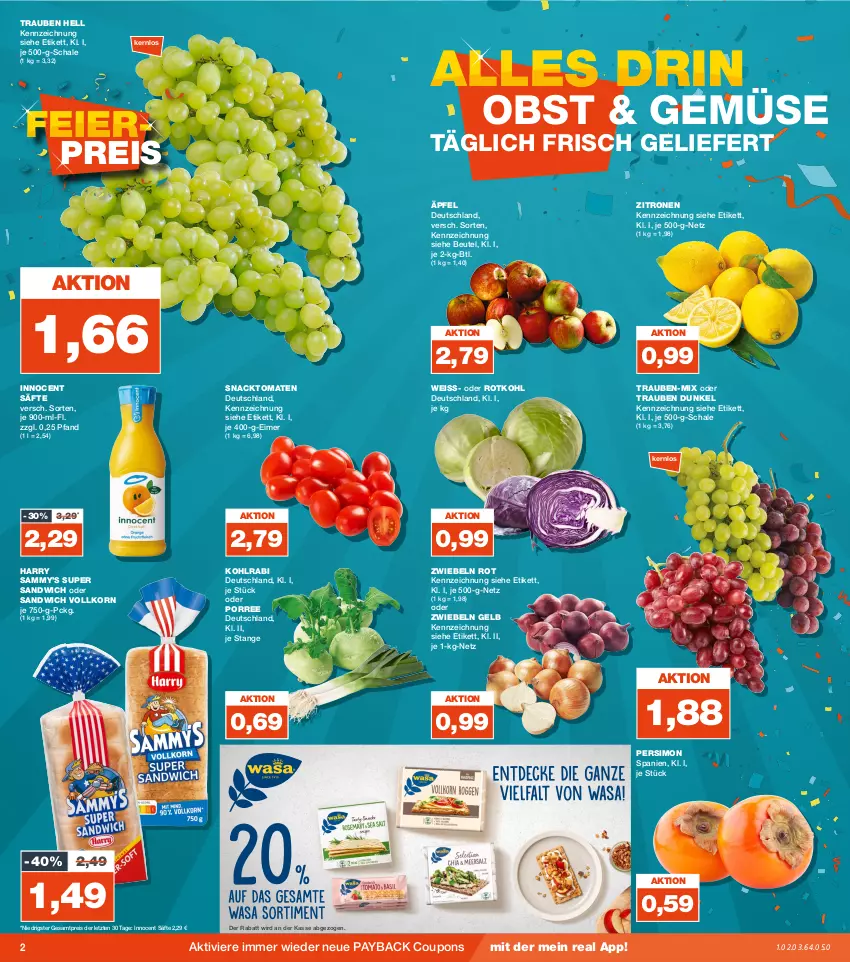 Aktueller Prospekt Real - von 23.10 bis 28.10.2023 - strona 2 - produkty: beutel, coupon, coupons, eimer, eis, Innocent, kohlrabi, korn, obst, payback, reis, rotkohl, säfte, sandwich, Schal, Schale, sim, snack, Ti, tomate, tomaten, trauben, zitrone, zitronen, ZTE, zwiebel, zwiebeln