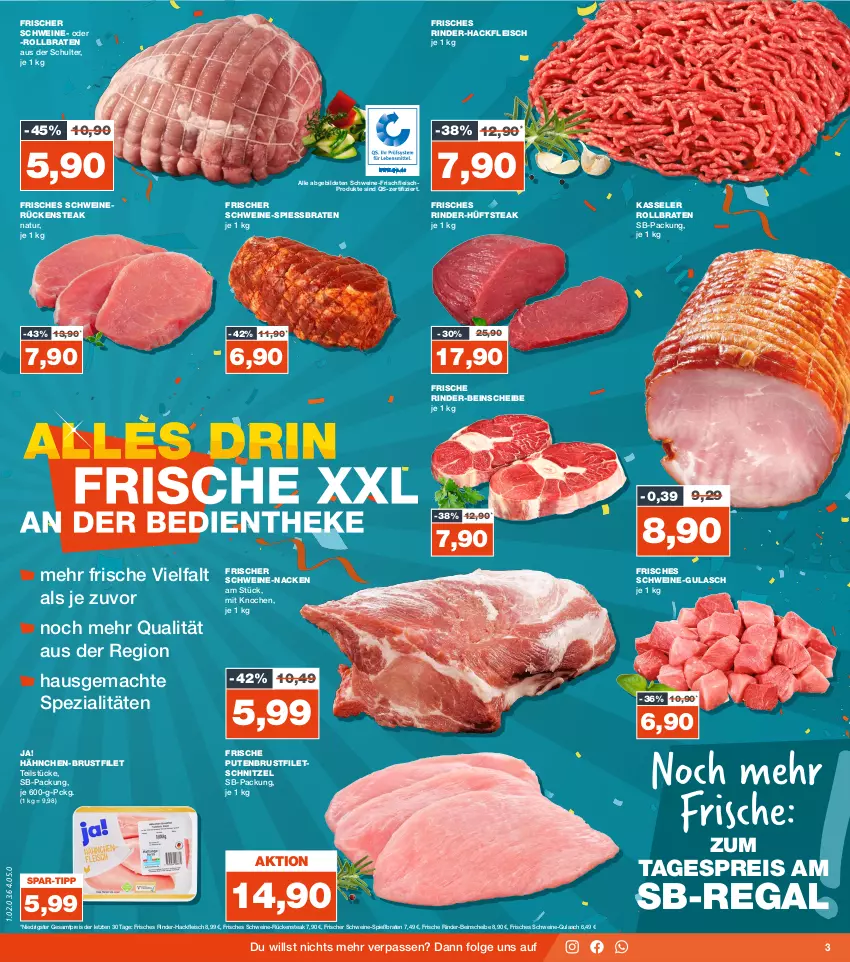 Aktueller Prospekt Real - von 23.10 bis 28.10.2023 - strona 3 - produkty: braten, brustfilet, eis, filet, filets, fleisch, gulasch, hackfleisch, hähnchen-brustfilet, HP, hüftsteak, kasseler, LG, mac, natur, pute, putenbrust, putenbrustfilet, regal, reis, rind, rinder, rinder-hackfleisch, rollbraten, Rückensteak, schnitzel, schwein, schweine, schweinerücken, Spezi, steak, Ti, wein, weine, ZTE