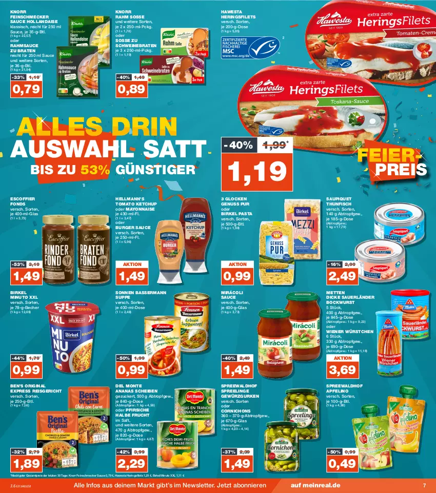 Aktueller Prospekt Real - von 23.10 bis 28.10.2023 - strona 7 - produkty: ananas, apfel, auer, Becher, Ben’s Original, birkel, bockwurst, braten, burger, Burger Sauce, Dicke Sauerländer Bockwurst, eis, feinschmecker, filet, filets, fisch, frucht, gewürz, Gewürzgurke, gewürzgurken, gin, gurke, gurken, hawesta, hering, Herings, heringsfilets, hollandaise, ketchup, knorr, mayonnaise, Mett, metten, Mirácoli, monte, nuss, oder pfirsiche, pasta, pfirsich, pfirsiche, reis, ring, saft, sauce, sauce hollandaise, saupiquet, schwein, schweine, schweinebraten, spreewaldhof, suppe, thunfisch, Ti, tomato ketchup, wein, weine, wiener, wiener würstchen, wurst, würstchen, Yo, ZTE, zucker