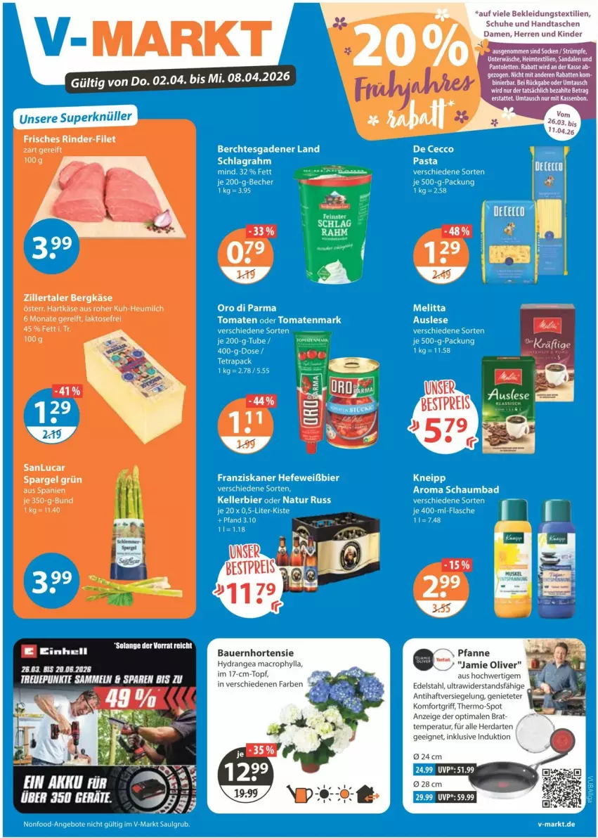 Aktueller Prospekt Vmarkt - Prospekte - von 02.04 bis 08.04.2026 - strona 1 - produkty: angebot, angebote, auer, Bad, Bau, Bauer, Becher, Bergkäse, bier, edelstahl, elle, filet, franziskaner, Handtasche, hartkäse, Hefe, heimtextilien, herdarten, Heu, heumilch, hortensie, hydrangea, hydrangea macrophylla, Käse, kellerbier, Kinder, kleid, Kleidung, kneipp, LG, mac, melitta, milch, natur, oro di parma, pantolette, pantoletten, pasta, rind, rinder, sandale, sandalen, schaumbad, schlagrahm, schuhe, socken, spargel, spargel grün, strümpfe, Tasche, taschen, Ti, tomate, tomaten, tomatenmark, topf, Unterwäsche