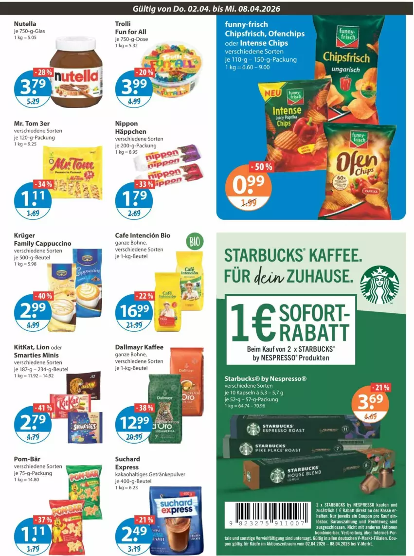 Aktueller Prospekt Vmarkt - Prospekte - von 02.04 bis 08.04.2026 - strona 11 - produkty: beutel, bio, bohne, Brei, Cap, cappuccino, chips, chipsfrisch, cin, dallmayr, eier, elle, ente, espresso, getränk, getränke, getränkepulver, kaffee, kakao, kitkat, krüger, lion, nespresso, nippon, nutella, Ofen, pom-bär, smarties, starbucks, tee, Ti, trolli