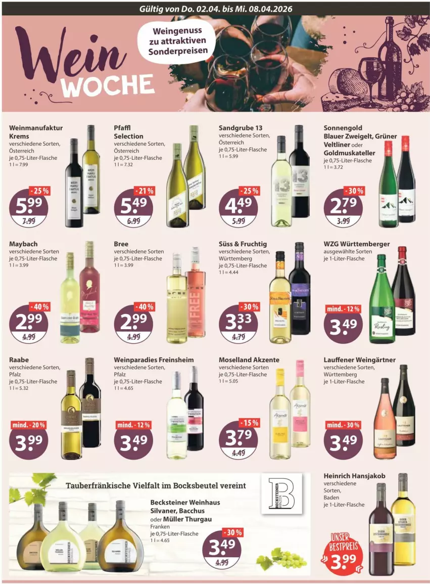 Aktueller Prospekt Vmarkt - Prospekte - von 02.04 bis 08.04.2026 - strona 14 - produkty: ACC, auer, Bad, becks, becksteiner, Berger, beutel, blauer zweigelt, bree, eis, elle, Faktu, flasche, frucht, grüner veltliner, jako, je 1-liter-flasche, maybach, Müller, nuss, reis, silvaner, steiner, teller, Ti, wein, Zweigelt