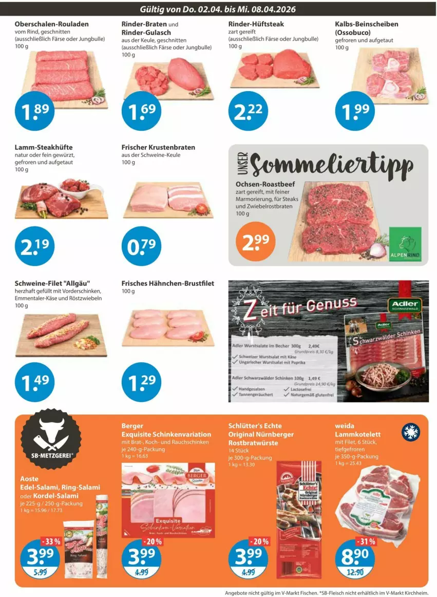 Aktueller Prospekt Vmarkt - Prospekte - von 02.04 bis 08.04.2026 - strona 3 - produkty: angebot, angebote, Becher, beef, braten, brustfilet, eis, elle, emmentaler, filet, fisch, fische, fleisch, gewürz, gulasch, hähnchen-brustfilet, hüftsteak, Käse, krustenbraten, lamm, LG, mit paprika, natur, paprika, rind, rinder, roastbeef, röstzwiebeln, rouladen, salat, salate, Schal, Schale, schinken, schnitten, schwarzwälder schinken, schwein, schweine, schweine-filet, steak, steakhüfte, steaks, Ti, wein, weine, wurst, zwiebel, zwiebeln