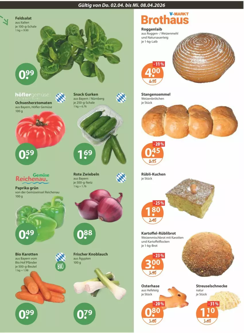 Aktueller Prospekt Vmarkt - Prospekte - von 02.04 bis 08.04.2026 - strona 5 - produkty: auer, beutel, bio, brot, brötchen, feldsalat, gurke, gurken, Hefe, je 1-kg-brot, karotten, kartoffel, knoblauch, kuchen, mehl, natur, paprika, Rote Zwiebel, salat, Schal, Schale, Semmel, snack, tomate, tomaten, vita, weizenbrötchen, weizenmehl, weizenmischbrot, zwiebel, zwiebeln