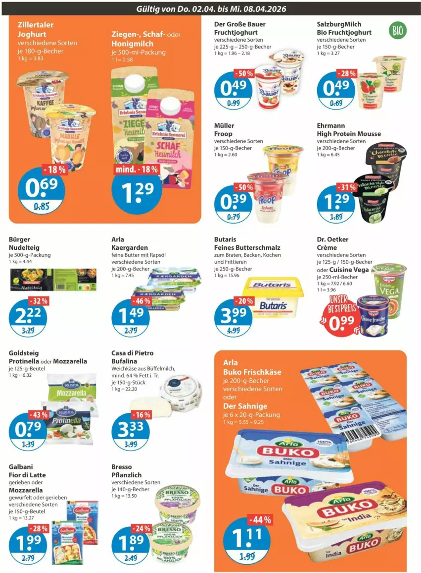 Aktueller Prospekt Vmarkt - Prospekte - von 02.04 bis 08.04.2026 - strona 6 - produkty: arla, auer, Bau, Bauer, Becher, beutel, bio, braten, bresso, butter, Butterschmalz, creme, Dr. Oetker, ehrmann, froop, frucht, fruchtjoghurt, galbani, goldsteig, joghur, joghurt, Käse, latte, malz, milch, mousse, mozzarella, Müller, müller froop, nudel, rapsöl, rel, salz, SalzburgMilch, Schmalz, Ti, Tiere, weichkäse, würfel