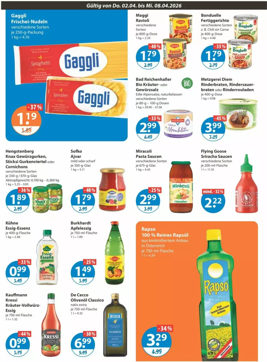 Aktueller Prospekt Vmarkt - Prospekte - von 02.04 bis 08.04.2026 - strona 8 - produkty: Ajvar, apfel, apfelessig, auer, Bad, bio, bonduelle, braten, chili, classico, ecco, elle, essig, fertiggericht, flasche, frischei-nudeln, gaggli, gewürz, Gewürzgurke, gewürzgurken, gewürzsalz, gurke, gurken, hengstenberg, kräuter, maggi, miracoli, natur, nudel, nudeln, olive, oliven, olivenöl, pasta, Pasta Sauce, ravioli, rind, rinder, rinderbraten, Rinderroulade, rinderrouladen, rouladen, salz, sauce, saucen, Sriracha, Ti