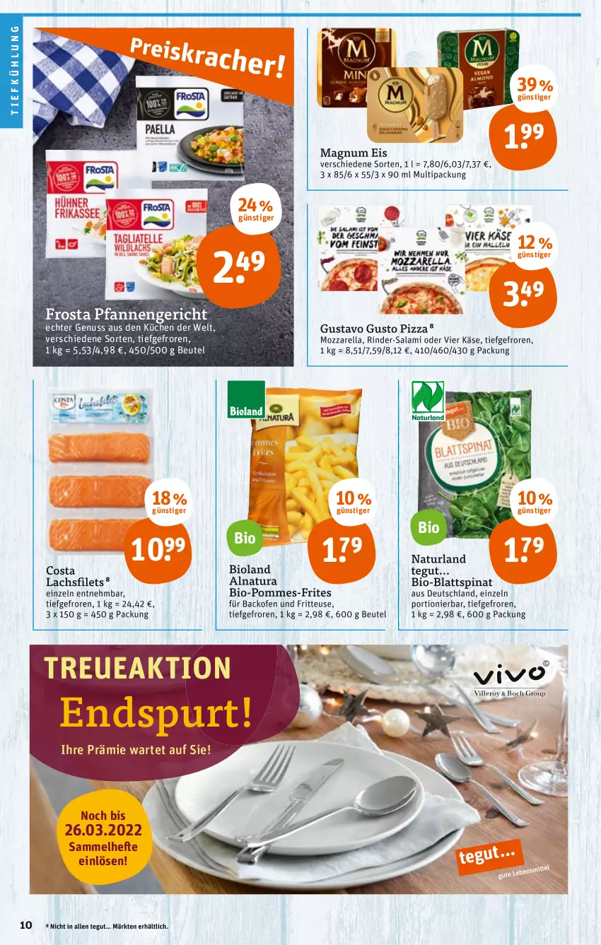 Aktueller Prospekt Tegut - Angebote der Woche - von 21.03 bis 26.03.2022 - strona 10 - produkty: backofen, backofen und, beutel, bio, bioland, blattspinat, eis, filet, filets, fritteuse, frosta, Käse, küche, Küchen, lachs, lachsfilet, lachsfilets, magnum, mozzarella, natur, natura, naturland, nuss, Ofen, pfanne, pfannen, pizza, pommes, pommes-frites, rel, rind, rinder, salami, spinat, Ti