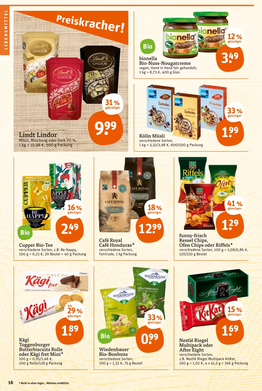 Aktueller Prospekt Tegut - Angebote der Woche - von 21.03 bis 26.03.2022 - strona 16 - produkty: after eight, auer, Bau, Bauer, beutel, bio, bonbons, burger, butter, café royal, chips, creme, funny-frisch, Kägi, kitkat, kölln, lebensmittel, lindor, lindt, milch, müsli, nestlé, Nougatcreme, nuss, Ofen, riegel, tee, Ti