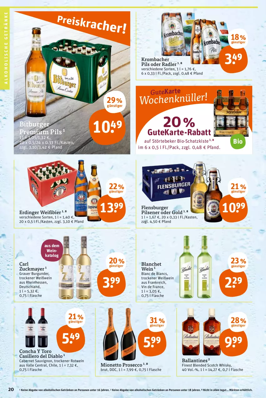 Aktueller Prospekt Tegut - Angebote der Woche - von 21.03 bis 26.03.2022 - strona 20 - produkty: alkohol, alkoholische getränke, auer, ball, bier, bio, bitburger, blended scotch, blended scotch whisky, brut, burger, burgunder, cabernet, cabernet sauvignon, de blancs, ecco, erdinger, flasche, flensburger, getränk, getränke, grauer burgunder, krombache, krombacher, krombacher pils, mionetto, oder radler, pils, pilsener, premium pils, prosecco, radler, rotwein, sauvignon, scotch, scotch whisky, störtebeker, Ti, vin de france, wein, Weißwein, whisky