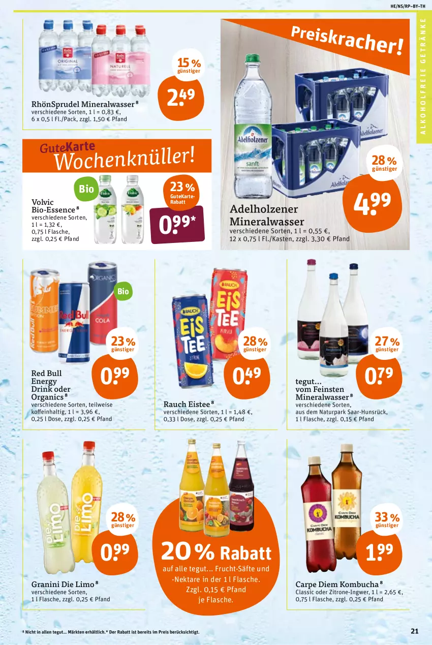 Aktueller Prospekt Tegut - Angebote der Woche - von 21.03 bis 26.03.2022 - strona 21 - produkty: adelholzener, alkohol, alkoholfreie getränke, Alwa, bio, buch, drink, eis, eistee, energy drink, flasche, frucht, getränk, getränke, granini, granini die limo, Holz, ingwer, limo, mineralwasser, natur, Nektar, Rauch, red bull, reis, RhönSprudel, säfte, Sprudel, tee, Ti, volvic, wasser, zitrone