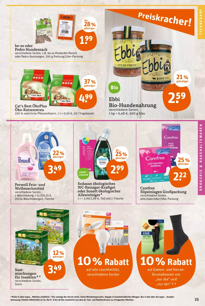 Aktueller Prospekt Tegut - Angebote der Woche - von 21.03 bis 26.03.2022 - strona 23 - produkty: aust, beutel, bio, carefree, eis, flasche, fleisch, hundenahrung, hundesnack, Katzenstreu, kraft, leuchtmittel, perwoll, pflanze, pflanzen, reiniger, rind, rinder, rum, sekt, slip, slipeinlagen, snack, Soda, telefon, Ti, tierbedarf, uhr, waschmittel, wc-reiniger