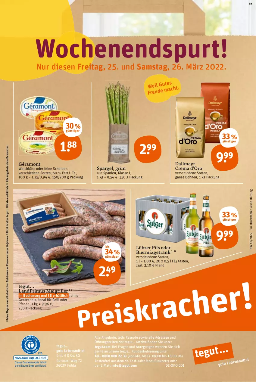 Aktueller Prospekt Tegut - Angebote der Woche - von 21.03 bis 26.03.2022 - strona 24 - produkty: alkohol, angebot, angebote, auer, bier, bohne, bohnen, dallmayr, dekoration, drucker, Engel, ente, Fulda, géramont, getränk, getränke, grill, ideal für grill, Käse, kerze, landprimus, lebensmittel, Lübzer, Mixgetränk, pfanne, pils, rezept, rezepte, spargel, Ti, uhr, weichkäse