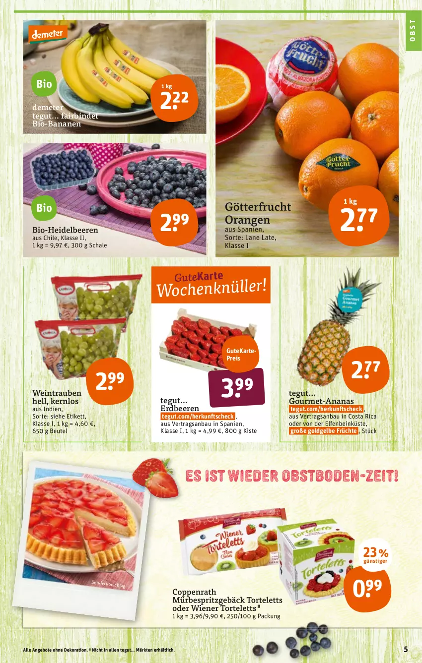 Aktueller Prospekt Tegut - Angebote der Woche - von 21.03 bis 26.03.2022 - strona 5 - produkty: ananas, angebot, angebote, banane, bananen, Bau, beere, beeren, beutel, bio, bio-bananen, coppenrath, dekoration, eis, erdbeere, erdbeeren, esprit, frucht, früchte, heidelbeere, heidelbeeren, obst, orange, orangen, reis, Schal, Schale, Spritzgebäck, Ti, torte, trauben, wein, wiener