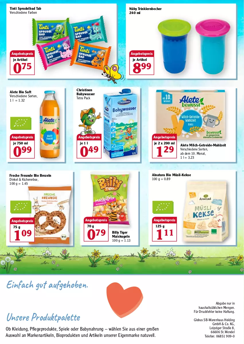 Aktueller Prospekt Globus - Prospekte - von 14.02 bis 19.02.2022 - strona 2 - produkty: angebot, angebotspreis, Babynahrung, Babywasser, Bad, Becher, bio, brezel, Brezeln, eis, freche freunde, keks, kekse, kleid, Kleidung, Kugel, mais, milch, müsli, natur, natura, Palette, reis, saft, Spiele, Sprudel, Sprudelbad, telefon, Ti, wasser