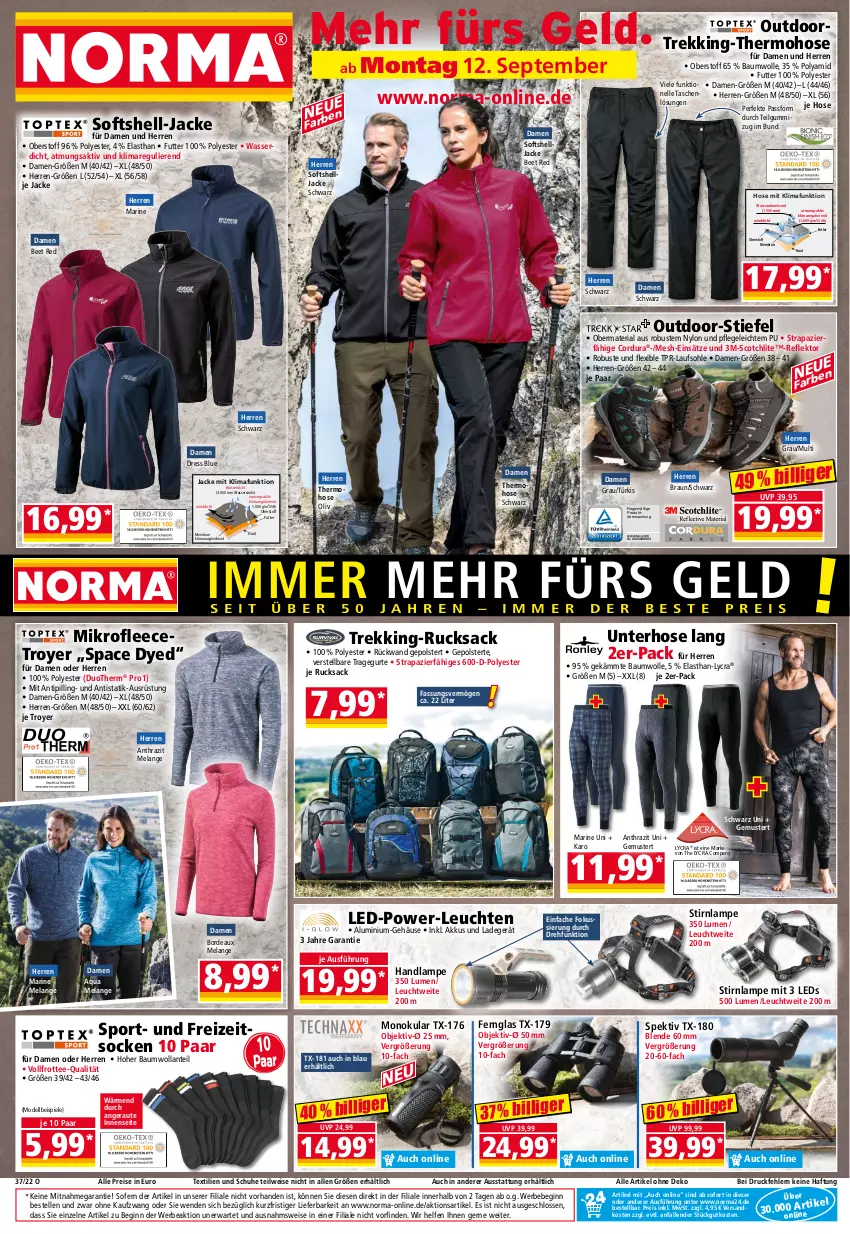 Aktueller Prospekt Norma - Norma - von 12.09 bis 19.09.2022 - strona 1 - produkty: akku, aqua, Bau, baumwolle, Bebe, braun, dell, eis, Elan, elle, Fernglas, gin, hose, Jacke, ladegerät, Lampe, leds, Leuchte, leuchten, LG, Mode, ndk, reis, Ria, rucksack, rückwand, sac, schuhe, scotch, socken, Softshell-Jacke, Spiele, Tasche, taschen, tee, Ti, Tipi, wasser, wolle