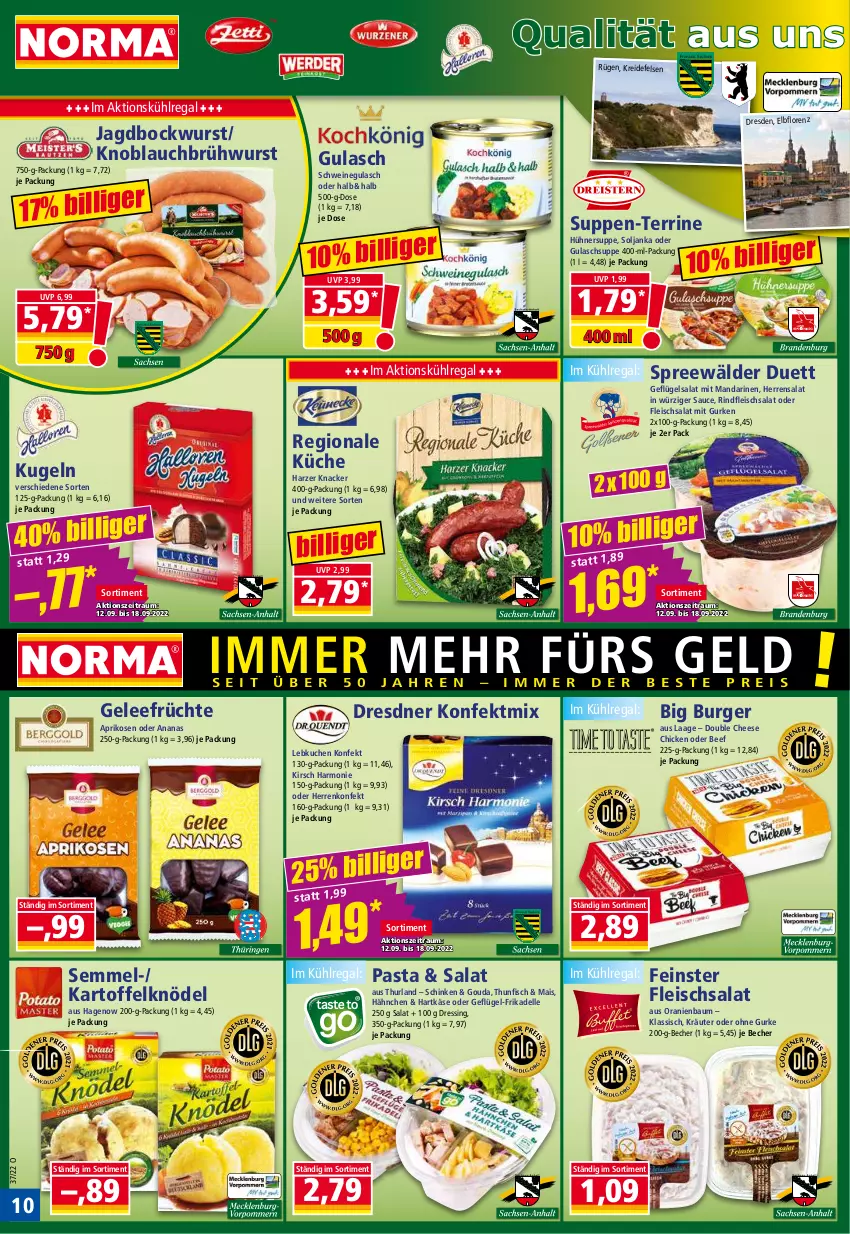 Aktueller Prospekt Norma - Norma - von 12.09 bis 19.09.2022 - strona 10 - produkty: ananas, aprikose, aprikosen, Bau, Becher, beef, bockwurst, Brühwurst, burger, dell, dressing, eis, elle, fisch, fleisch, fleischsalat, früchte, Geflügel, geflügelsalat, gelee, gouda, gulasch, Gulaschsuppe, gurke, gurken, hartkäse, hühner, Hühnersuppe, kartoffel, Kartoffelknödel, Käse, kirsch, knacker, knoblauch, Knoblauchbrühwurst, Knödel, kräuter, Kreide, küche, kuchen, Kugel, kühlregal, Lebkuchen, lorenz, mais, mandarine, mandarinen, pasta, regal, rind, rindfleisch, salat, sauce, schinken, schwein, schweine, schweinegulasch, Semmel, spreewälder, suppe, suppen, Suppen-Terrine, terrine, thunfisch, Ti, wein, weine, wurst