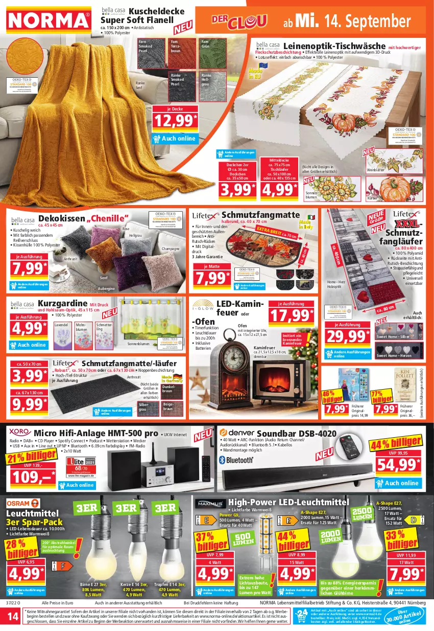 Aktueller Prospekt Norma - Norma - von 12.09 bis 19.09.2022 - strona 14 - produkty: aubergine, auer, batterie, batterien, Bebe, blume, blumen, braun, Brei, CD player, champagne, decke, dekokissen, Dior, eis, elle, gin, Holz, Internet Radio, Kamin, kerze, kissen, Kürbis, kuscheldecke, Läufer, lavendel, lebensmittel, leine, leuchtmittel, LG, Maus, Mett, mitteldecke, ndk, Ofen, Radio, reis, Schmetterling, schmutzfangmatte, senf, sonnenblume, sonnenblumen, soundbar, Ti, timer, tisch, tischläufer, Tischwäsche, uhr, usb, weck, wein, Wetterstation, ZTE