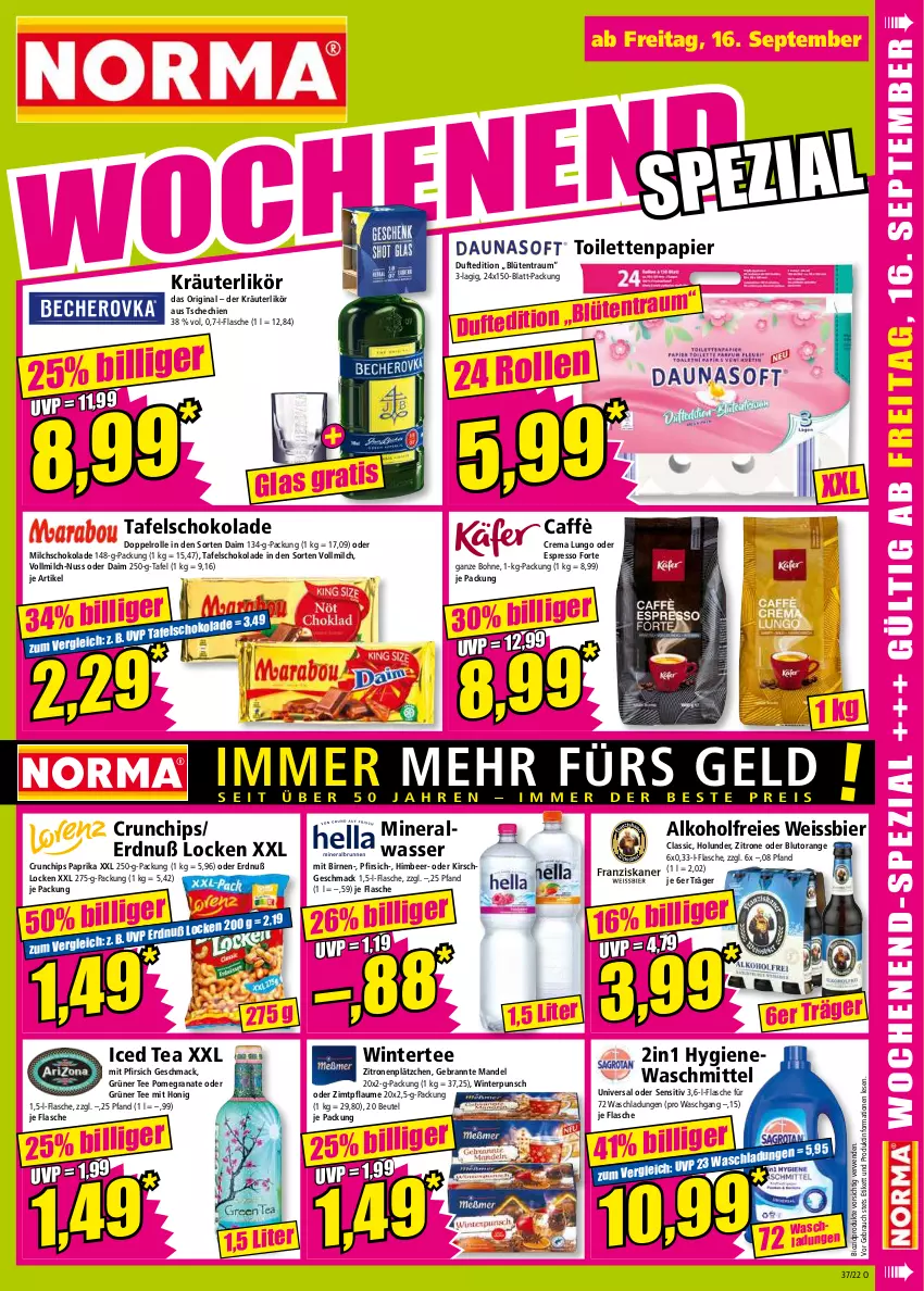 Aktueller Prospekt Norma - Norma - von 12.09 bis 19.09.2022 - strona 15 - produkty: alkohol, Alwa, beutel, bier, bio, biozidprodukte, Birnen, Blüte, Blutorange, bohne, chips, crunchips, daim, eis, espresso, flasche, gin, grana, grüner tee, himbeer, holunder, honig, kirsch, kräuter, kräuterlikör, Lätzche, likör, lungo, mac, mandel, milch, mineralwasser, nuss, oder espresso, orange, papier, paprika, pfirsich, pflaume, Rana, Rauch, rwe, schoko, schokolade, tafelschokolade, tee, Ti, toilettenpapier, vollmilch, waschmittel, wasser, weissbier, zitrone, zitronen