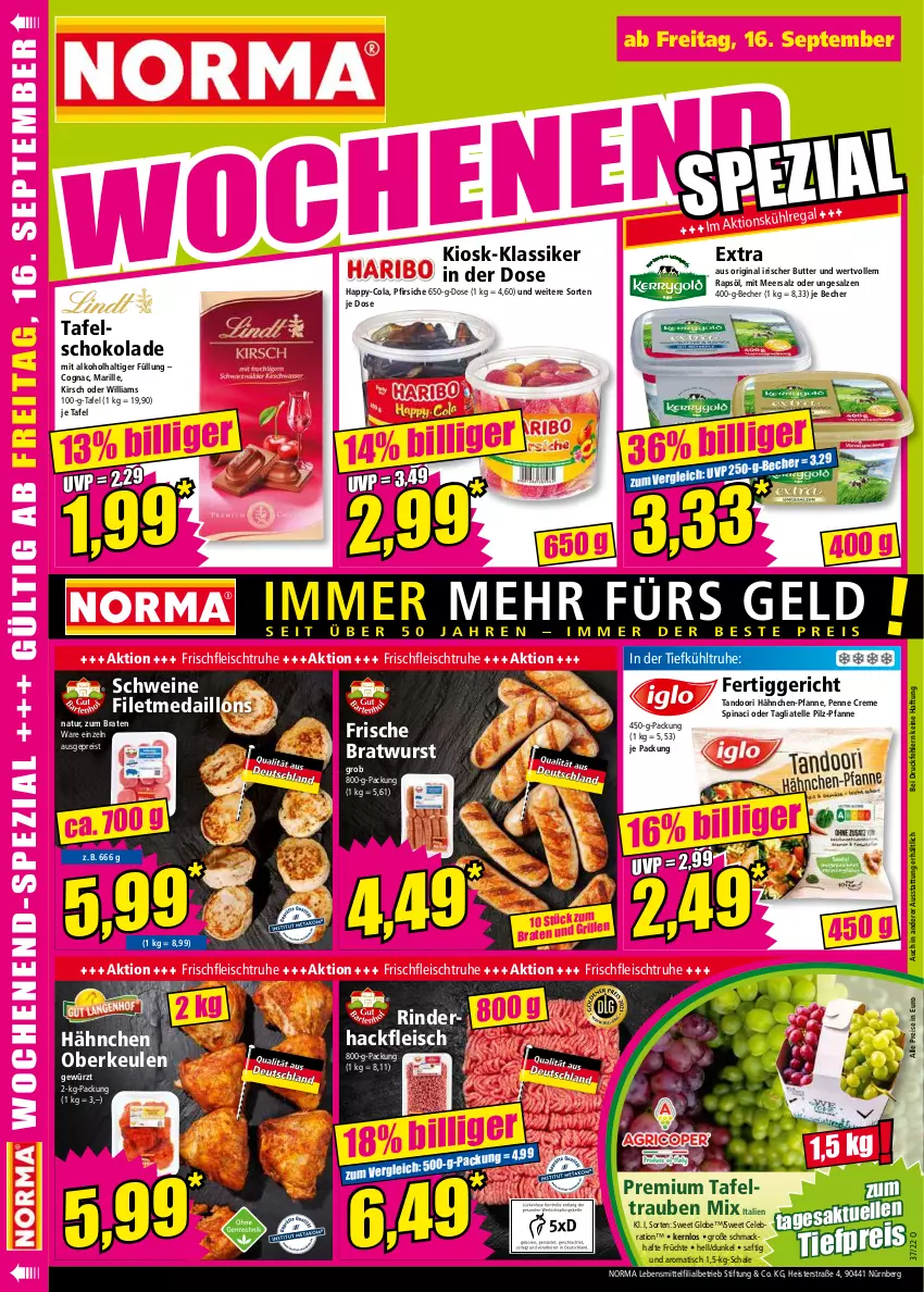 Aktueller Prospekt Norma - Norma - von 12.09 bis 19.09.2022 - strona 16 - produkty: alkohol, Becher, braten, bratwurst, butter, Cognac, cola, creme, eis, elle, fertiggericht, filet, fleisch, früchte, gewürz, gin, hackfleisch, kirsch, lebensmittel, mac, medaillons, meersalz, natur, penne, pfanne, pfirsich, pfirsiche, rapsöl, regal, reis, rind, rinder, rinderhackfleisch, saft, salz, Schal, Schale, schoko, schokolade, schwein, schweine, tafelschokolade, tafeltrauben, tagliatelle, Ti, tiefpreis, tisch, trauben, wein, weine, wurst