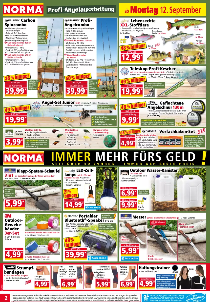 Aktueller Prospekt Norma - Norma - von 12.09 bis 19.09.2022 - strona 2 - produkty: akku, auto, batterie, batterien, Bau, Beba, Bebe, brie, edelstahl, eier, eis, elle, erde, Ergee, filet, fisch, forelle, gin, gürteltasche, gutschein, Kescher, kleid, Kleidung, Knicklicht, kraft, Kugel, Lampe, lebensmittel, led-licht, leds, LG, messer, ndk, orange, reis, rel, Ria, ring, rum, rwe, Spaten, Sport, sporttasche, Stier, Tasche, taschen, Teleskop, Ti, Tiere, tisch, usb, wasser, Wels, Zander, Zelt