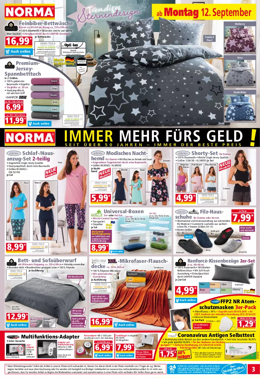 Aktueller Prospekt Norma - Norma - von 12.09 bis 19.09.2022 - strona 3 - produkty: adapter, Anzug, aqua, Atemschutzmaske, Bau, baumwolle, Bebe, beere, bett, Betttuch, bettwäsche, braun, bügel, corona, decke, deo, eis, elle, FFP2, flieder, gin, Handy, hemd, kissen, LG, Maske, mikrofaser, mint, ndk, reine baumwolle, reis, Ria, rwe, schuhe, senf, shorty, Sofa, Sofaüberwurf, spannbetttuch, Spezi, tagesdecke, Ti, tisch, tuc, usb, wolle, ZTE