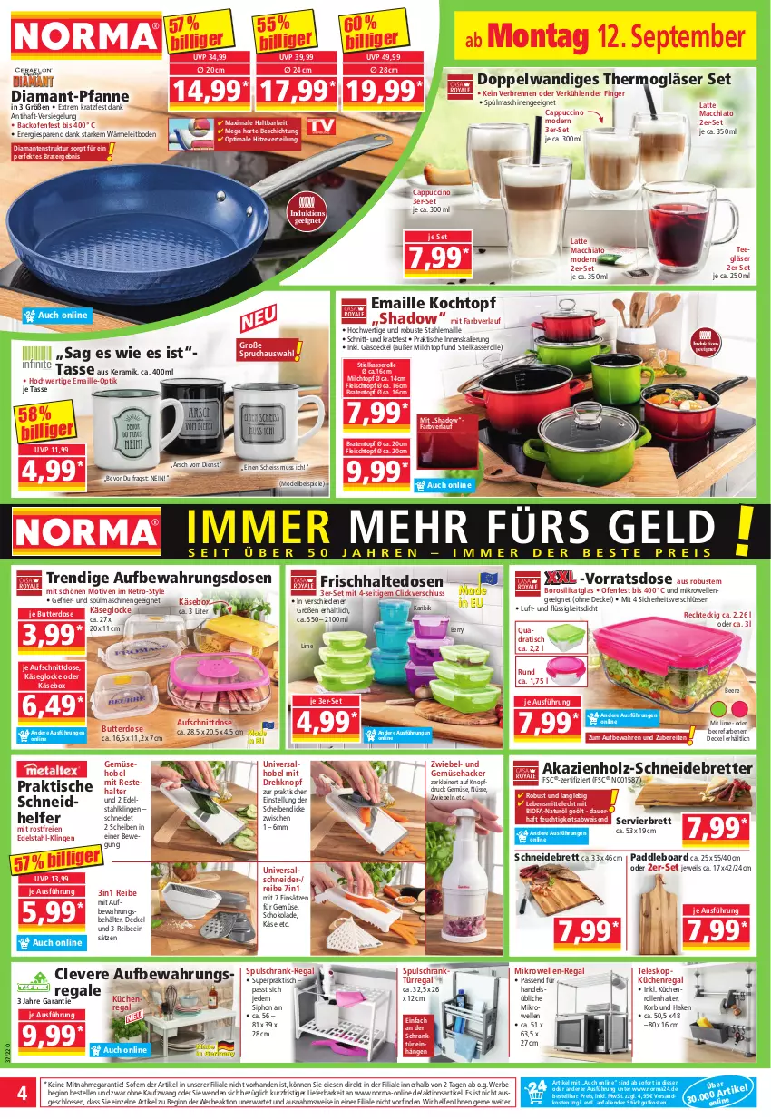 Aktueller Prospekt Norma - Norma - von 12.09 bis 19.09.2022 - strona 4 - produkty: ACC, auer, Aufbewahrungsdose, aufschnitt, backofen, Bebe, beere, Behälter, bio, braten, Bratentopf, butter, Butterdose, Cap, cappuccino, chia, cin, decke, Deckel, dell, edelstahl, eis, elle, fleisch, Fleischtopf, frischhaltedosen, Gemüsehobel, gin, Glasdeckel, Gläser, Holz, Käse, Kochtopf, korb, küche, Küchen, Küchenregal, küchenrolle, küchenrollen, latte, latte macchiato, lebensmittel, leine, mac, macchiato, maille, mikrowelle, milch, Mode, natur, ndk, Ofen, pfanne, quad, regal, reis, schneidebrett, schoko, schokolade, Schrank, Spiele, spülmaschinen, stielkasserolle, tasse, tee, Teleskop, Thermogläser, Ti, tisch, topf, und gemüse, zwiebel, zwiebeln