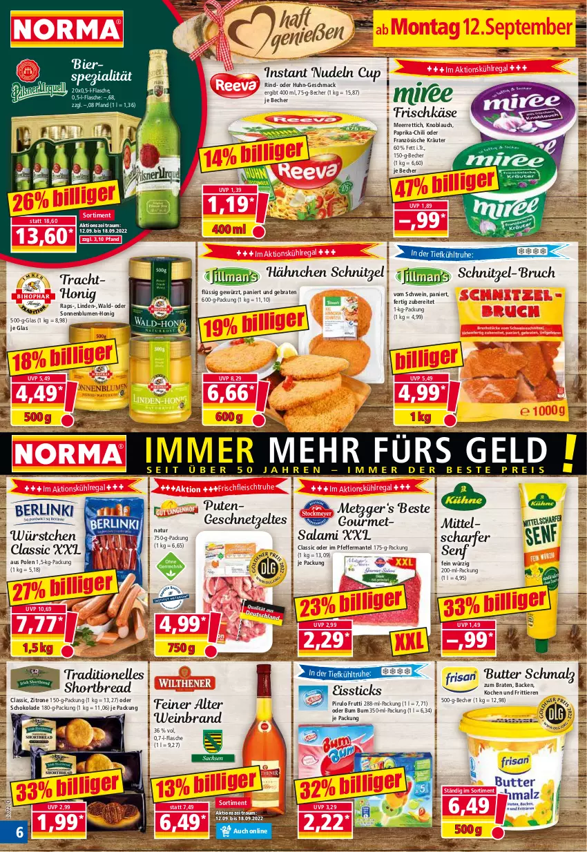 Aktueller Prospekt Norma - Norma - von 12.09 bis 19.09.2022 - strona 6 - produkty: Becher, bier, blume, blumen, braten, butter, chili, eis, elle, flasche, fleisch, frischkäse, geschnetzeltes, gewürz, honig, Käse, knoblauch, kräuter, kühlregal, mac, malz, Mantel, meerrettich, natur, nudel, nudeln, paprika, pfeffer, pute, Putengeschnetzeltes, regal, Rettich, rind, salami, Schmalz, schnitzel, Schnitzel-Bruch, schoko, schokolade, schwein, senf, sonnenblume, sonnenblumen, Spezi, Ti, Tiere, wein, weinbrand, würstchen, Zelt, zitrone