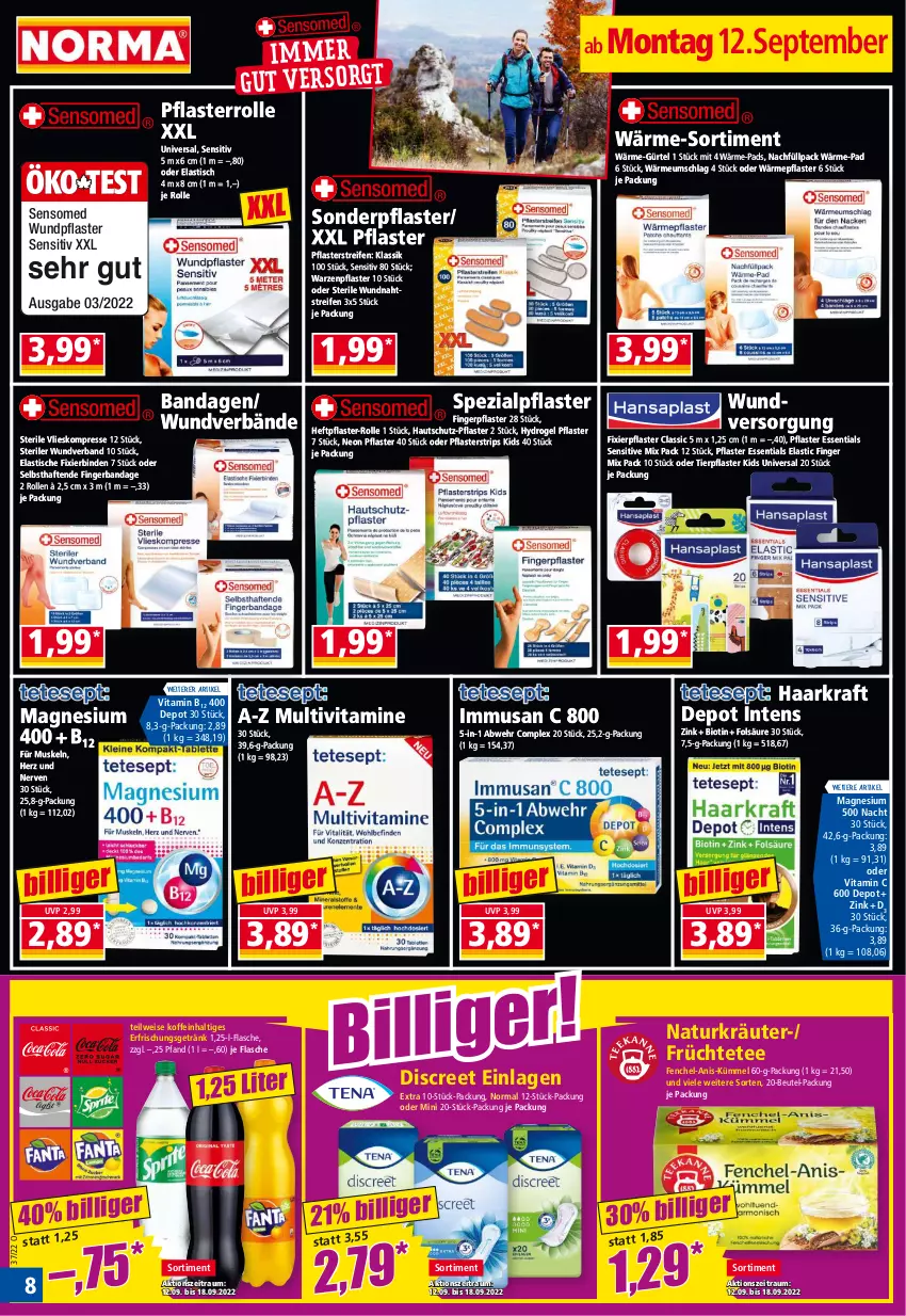 Aktueller Prospekt Norma - Norma - von 12.09 bis 19.09.2022 - strona 8 - produkty: asti, beutel, binden, bio, Discreet, eis, fenchel, flasche, früchte, Früchtetee, getränk, kraft, kräuter, magnesium, magnesium 400, natur, pflaster, reifen, Spezi, tee, Ti, tisch, vita, Vitamin B, Vitamin C, Vitamine