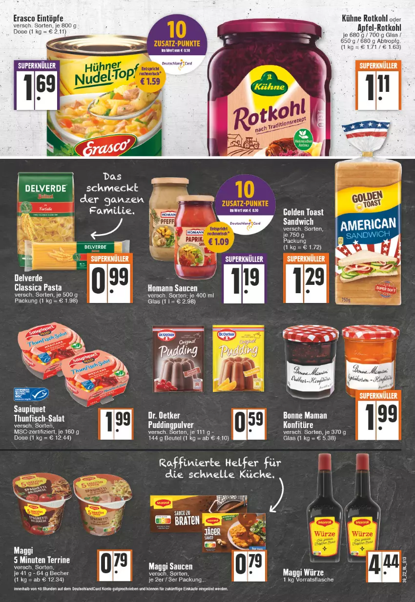 Aktueller Prospekt Edeka - Angebote der Woche - von 26.09 bis 01.10.2022 - strona 13 - produkty: apfel, Becher, beutel, bonne maman, braten, eintöpfe, erasco, erde, golden toast, homann, Kühne, maggi, maggi würze, mam, pasta, rotkohl, salat, sandwich, sauce, saucen, terrine, Ti, toast