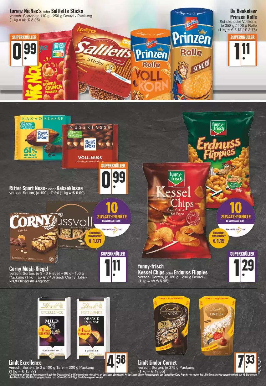 Aktueller Prospekt Edeka - Angebote der Woche - von 26.09 bis 01.10.2022 - strona 17 - produkty: angebot, beutel, chili, chips, corny, de beukelaer, eis, elle, erde, erdnuss, flippies, hafer, HP, kakao, korn, kraft, lindt, lorenz, müsli, nuss, orange, prinzen rolle, reis, riegel, ritter, ritter sport, saltletts, schoko, Sport, Ti