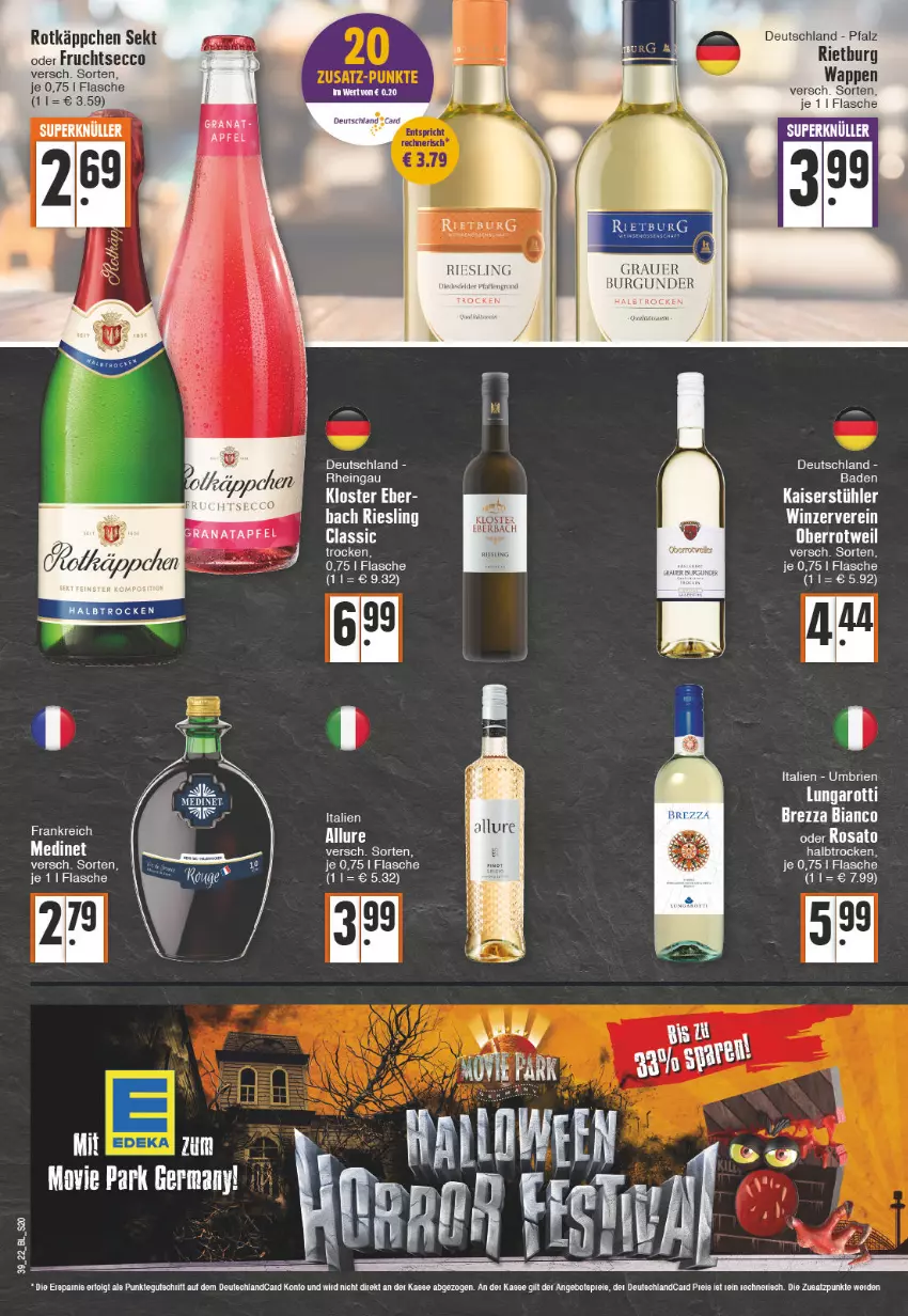 Aktueller Prospekt Edeka - Angebote der Woche - von 26.09 bis 01.10.2022 - strona 20 - produkty: auer, Bad, brie, burgunder, butter, ecco, flasche, frucht, fruchtsecco, grauer burgunder, Kaiser, medinet, riesling, rotkäppchen, sekt, Stühl, tee, Ti, Zelt