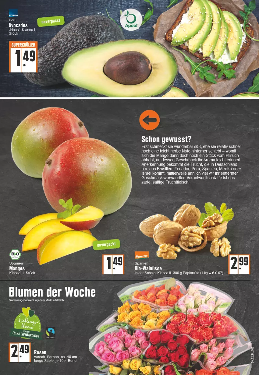 Aktueller Prospekt Edeka - Angebote der Woche - von 26.09 bis 01.10.2022 - strona 3 - produkty: beko, bio, eis, ente, fleisch, frucht, fruchtfleisch, mac, mango, mangos, papier, Papiertüte, pfirsich, rosen, saft, Schal, Schale, Ti, Tüte