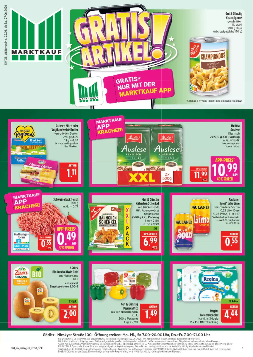 Aktueller Prospekt Marktkauf - Prospekt - von 21.06 bis 27.06.2026 - strona 1 - produkty: bio, butter, champignon, champignons, eis, Elan, fleisch, gewürz, gin, hackfleisch, henkel, jumbo, Kamill, kamille, kiwi, limo, limonade, melitta, milch, papier, paprika, paprika mix, Paula, paulaner, reis, sac, schenkel, schnitten, schwein, schweine, Schweinehackfleisch, Spezi, Ti, toilettenpapier, uhr, wein, weine
