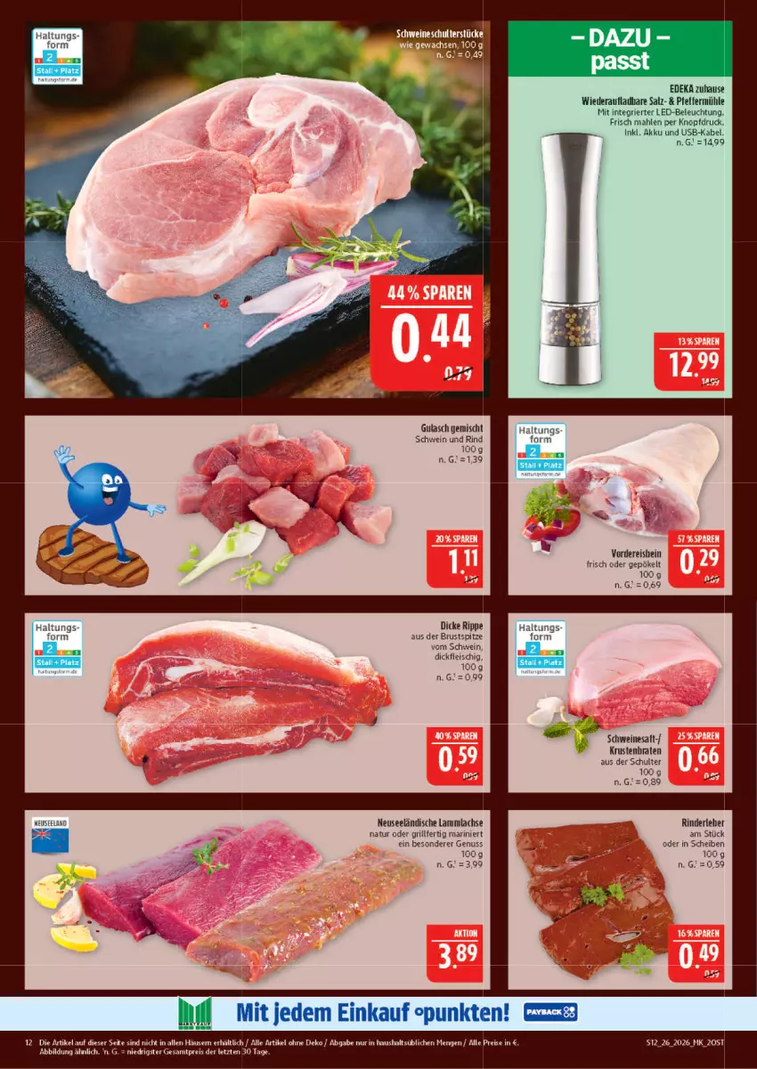 Aktueller Prospekt Marktkauf - Prospekt - von 21.06 bis 27.06.2026 - strona 12 - produkty: akku, beleuchtung, deka, eis, fleisch, grill, gulasch, lachs, lamm, lammlachse, led-beleuchtung, natur, nuss, pfeffer, Pfeffermühle, reis, rind, rinder, Rinderleber, saft, salz, schwein, schwein und rind, schweine, Ti, usb, wein, weine, ZTE