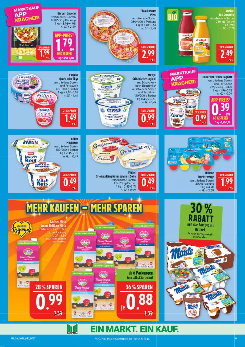 Aktueller Prospekt Marktkauf - Prospekt - von 21.06 bis 27.06.2026 - strona 19 - produkty: auer, Bau, Bauer, Becher, danone, danone fruchtzwerge, eis, exquisa, fitline, frucht, fruchtzwerge, gin, gnocchi, Griechischer Joghurt, Grießpudding, joghur, joghurt, LG, lorenz, milch, monte, Müller, natur, nuss, pizza, pudding, quark, reis, Skyr, Soße, Ti, Tiere, zott, Zott Monte