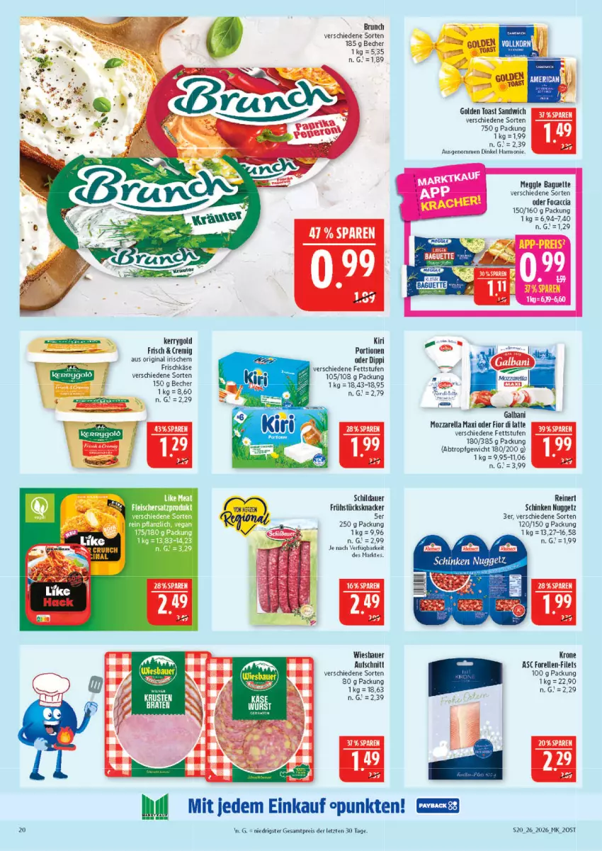 Aktueller Prospekt Marktkauf - Prospekt - von 21.06 bis 27.06.2026 - strona 20 - produkty: ACC, auer, Becher, dip, eis, elle, filet, filets, Focaccia, forelle, frischkäse, galbani, gin, golden toast, Käse, kerrygold, kiri, knacker, krone, latte, meggle, mozzarella, reinert, reis, rel, resa, sandwich, schinken, Ti, toast, Yo, ZTE