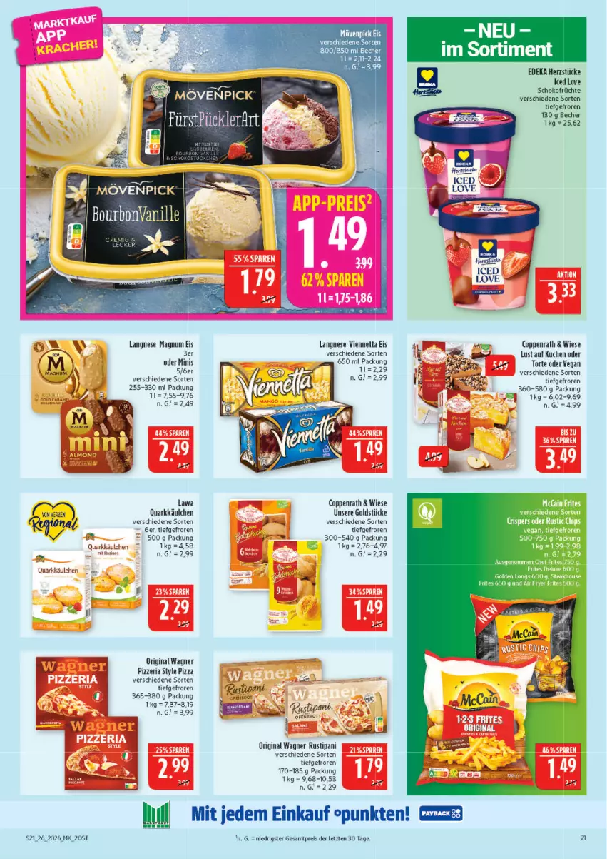 Aktueller Prospekt Marktkauf - Prospekt - von 21.06 bis 27.06.2026 - strona 21 - produkty: Becher, brot, coppenrath, deka, eis, ente, früchte, gin, Golden Longs, Goldstücke, kuchen, langnese, Lust auf Kuchen, mac, magnum, mccain, mövenpick, nero, Ofen, original wagner, pizza, quark, reis, Ria, rustipani, schoko, slip, steak, Ti, torte, viennetta, wagner, ZTE