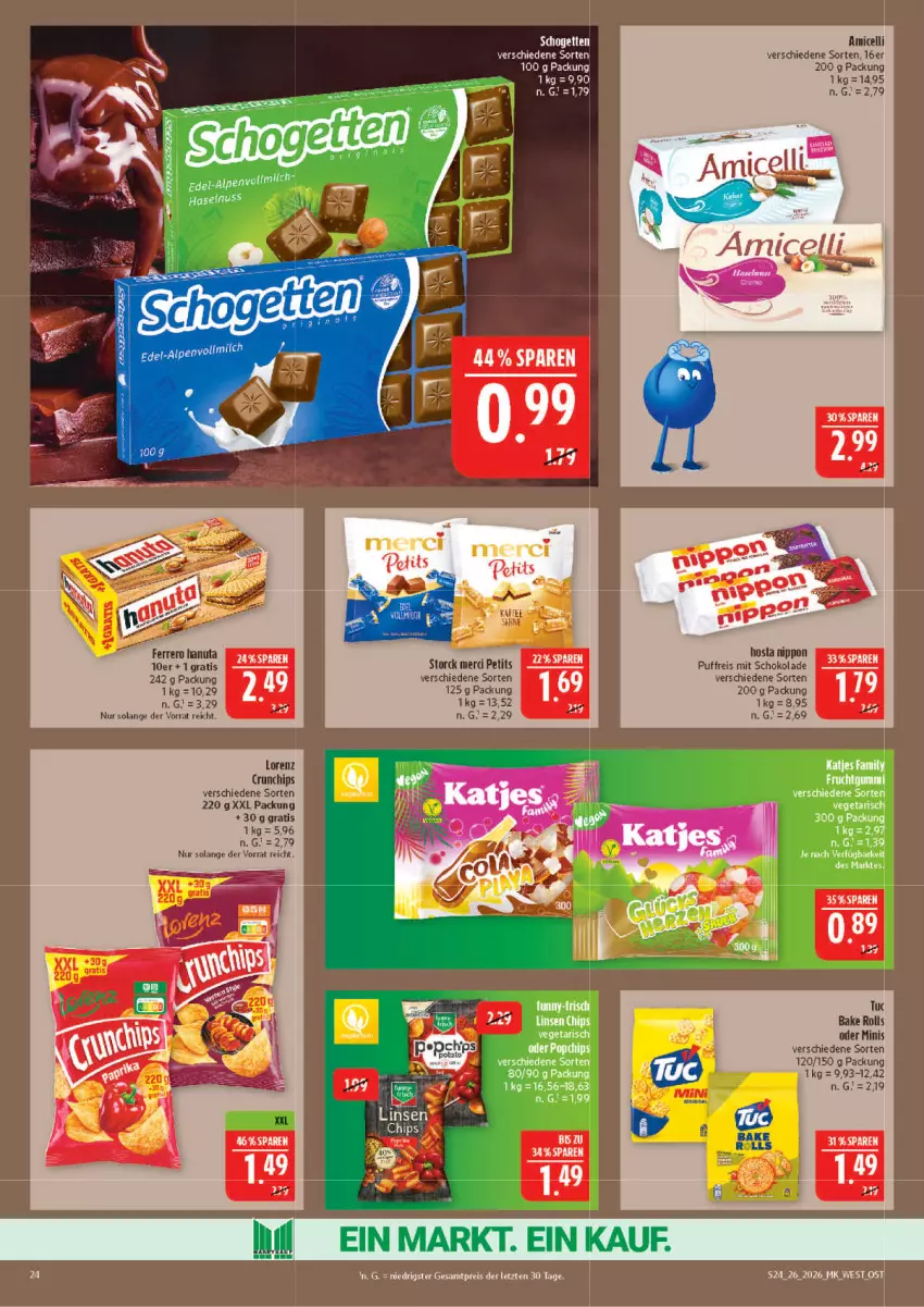 Aktueller Prospekt Marktkauf - Prospekt - von 21.06 bis 27.06.2026 - strona 24 - produkty: amicelli, chips, crunchips, eis, ferrero, frucht, fruchtgummi, haselnuss, katjes, merci, nippon, nuss, reis, schogetten, schoko, schokolade, storck, Ti, Vegeta