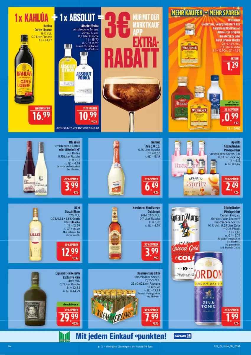 Aktueller Prospekt Marktkauf - Prospekt - von 21.06 bis 27.06.2026 - strona 26 - produkty: alkohol, asti, Bad, Cap, captain morgan, cin, cinzano, Cinzano Asti, dip, flasche, getränk, gin, gordon, gordons, kuemmerling, likör, lillet, liqueur, merl, nordbrand, nuss, rum, sac, Ti, tonic, wein