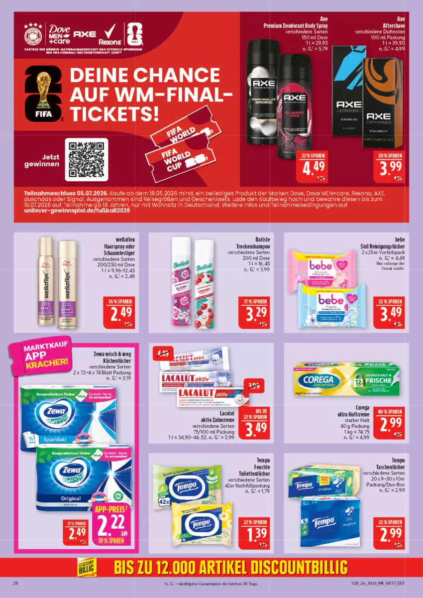 Aktueller Prospekt Marktkauf - Prospekt - von 21.06 bis 27.06.2026 - strona 28 - produkty: Bad, creme, eis, haarspray, Haftcreme, küche, Küchen, küchentücher, Lacalut, Reinigung, reinigungstücher, reis, schaumfestiger, shampoo, sim, Tasche, taschen, taschentücher, Tempo, Ti, toilettentücher, Trockenshampoo, tücher, Wella, wellaflex, zahncreme, ZTE