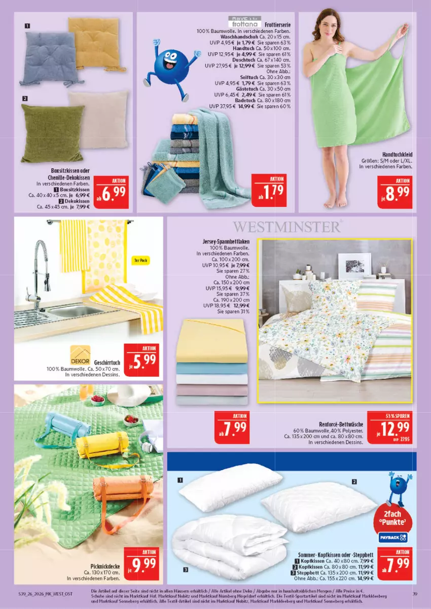 Aktueller Prospekt Marktkauf - Prospekt - von 21.06 bis 27.06.2026 - strona 39 - produkty: Bad, badetuch, Bau, baumwolle, bett, bettwäsche, decke, dekokissen, duschtuch, eis, gästetuch, geschirr, handtuch, kissen, kleid, kopfkissen, picknickdecke, reis, schuhe, sitzkissen, Sport, steppbett, Ti, tuc, waschhandschuh, wolle