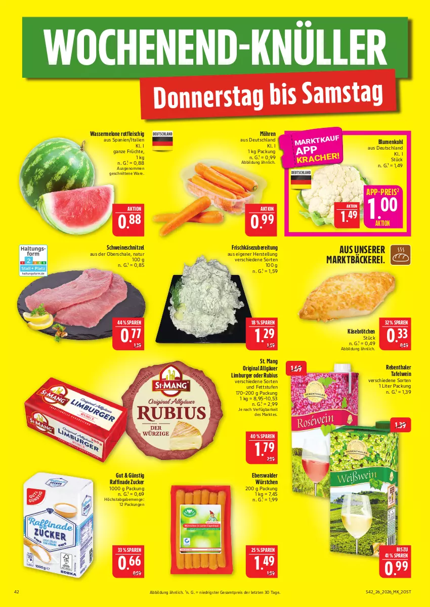 Aktueller Prospekt Marktkauf - Prospekt - von 21.06 bis 27.06.2026 - strona 42 - produkty: blume, blumen, blumenkohl, brötchen, burger, eis, fleisch, frischkäse, frischkäsezubereitung, früchte, gin, Käse, LG, Limburger, melone, natur, reis, Rubius, Schal, Schale, schnitten, schnitzel, schwein, schweine, schweineschnitzel, St. Mang, Ti, wein, weine, ZTE, zucker