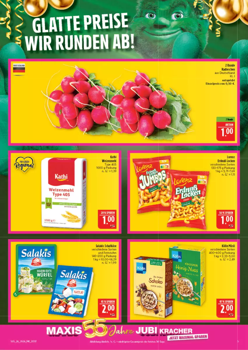 Aktueller Prospekt Marktkauf - Prospekt - von 21.06 bis 27.06.2026 - strona 5 - produkty: eis, Käse, kölln, latte, lorenz, mehl, müsli, radieschen, reis, salakis, schafkäse, Ti, type 405, weizenmehl