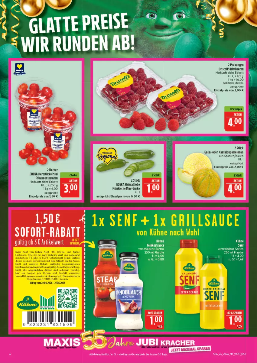 Aktueller Prospekt Marktkauf - Prospekt - von 21.06 bis 27.06.2026 - strona 6 - produkty: Becher, beere, beeren, coupon, coupons, deka, driscoll's, eis, erde, gin, grill, grillsauce, gurke, himbeer, himbeere, himbeeren, Kühne, kühne senf, LG, melone, melonen, pflaume, pflaumen, reis, sauce, senf, snack, snacks, sofortrabatt, Ti, tomate, tomaten